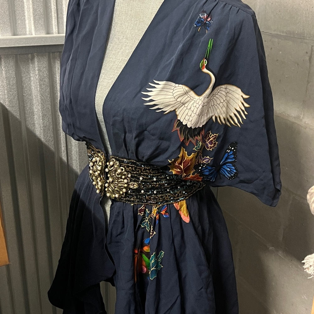 Meghan LA Dark Blue Kimono with Crane and Beaded Belt